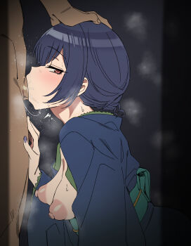  1boy 1girl absurdres blue_kimono bouncing_breasts breasts clothed_female_nude_male commentary_request deepthroat fellatio fingernails hand_on_another's_head highres hiyoko_spot idolmaster idolmaster_shiny_colors irrumatio japanese_clothes kimono medium_breasts morino_rinze nail_polish nipples nude oral purple_hair purple_nails short_hair solo_focus 