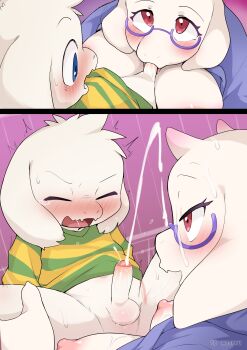  1boy 1girl 2koma absurdres age_difference animal_ears asriel_dreemurr blue_eyes blush bottomless breasts closed_eyes comic commission cum cum_on_body deltarune ejaculation erection facial fellatio furry furry_female furry_male furry_with_furry glasses goat_boy goat_ears goat_girl goat_horns hetero highres horns incest large_breasts manmosu_marimo mother_and_son nipples onee-shota open_mouth oral penis pink_eyes shirt shota skeb_commission spread_legs striped_clothes striped_shirt sweat tears testicles toriel trembling uncensored undertale utdr_(toby_fox) white_fur 