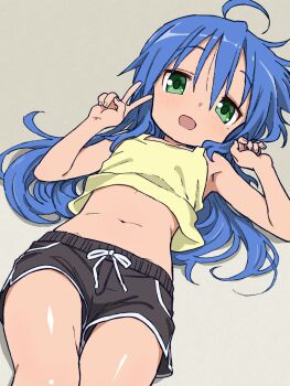  1girl abstract_background ahoge armpits bare_shoulders belly black_shorts blue_hair breasts flat_chest green_eyes hands_up highres hues_sunk izumi_konata loli long_hair looking_at_viewer lucky_star lying midriff mole on_back open_mouth shorts small_breasts solo solo_focus tank_top thighs v yellow_tank_top  rating:Sensitive score:22 user:CunnyInc