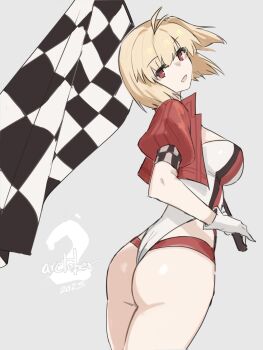 1girl arcueid_brunestud ass blonde_hair cosplay cowboy_shot cropped_jacket fate/extra fate_(series) flag from_behind grey_background highres holding holding_flag jacket jonyeld leotard looking_at_viewer nero_claudius_(fate) nero_claudius_(type-moon_racing)_(fate) nero_claudius_(type-moon_racing)_(fate)_(cosplay) race_flag race_queen red_eyes red_jacket short_hair simple_background solo tsukihime tsukihime_(remake) white_leotard rating:Sensitive score:13 user:danbooru