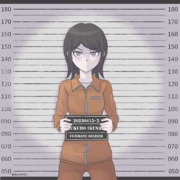  1girl black_hair character_name closed_mouth commentary danganronpa:_trigger_happy_havoc danganronpa_(series) english_commentary english_text eyelashes freckles highres holding ikusaba_mukuro jacket long_sleeves medium_hair mugshot orange_jacket orange_pants pants prison_clothes purple_eyes rajaie101 solo split_mouth zipper 