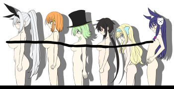  6+girls alice_(makai_gacha) animal_ears bar_censor black_hair blonde_hair blue_eyes blue_hair blue_ribbon blush breasts brown_hair bust_chart censored closed_mouth commentary_request comparison cowboy_shot cyan_(makai_gacha) earrings embarrassed flat_chest flipped_hair fox_ears fox_mask from_side green_eyes hair_between_eyes hair_ornament hair_ribbon hairband hairclip hako_roku hand_on_own_hip hat height high_ponytail huge_breasts iitoko_yuzuri jewelry large_breasts lineup long_hair low_ponytail makai_gacha_wa_kyou_mo_shibui mask mask_on_head medium_breasts meon multiple_girls nono_(makai_gacha) pink_eyes ponytail profile ravi red_eyes ribbon short_hair sidelocks simple_background small_breasts standing straight_hair sweat top_hat v-shaped_eyebrows very_long_hair wavy_hair white_background white_hair white_ribbon 