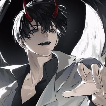  1boy black_background black_hair black_shirt coat fingernails grey_eyes hashtag-only_commentary highres horns kim_dokja male_focus omniscient_reader's_viewpoint open_clothes open_coat open_mouth pcal_pcal red_horns shirt short_hair simple_background solo white_coat white_wings wings 