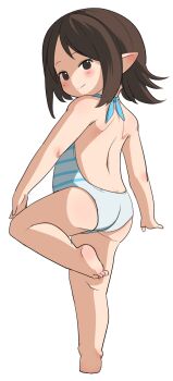  1girl ass back backless_swimsuit barefoot blush brown_eyes brown_hair closed_mouth commentary_request final_fantasy final_fantasy_xiv full_body halterneck highres lalafell looking_at_viewer looking_back medium_hair one-piece_swimsuit pointy_ears shelldy simple_background soles solo standing standing_on_one_leg striped_clothes striped_one-piece_swimsuit swimsuit toes white_background white_one-piece_swimsuit 
