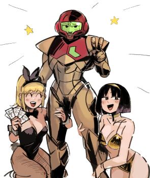  33dot 3girls animal_ears bikini black_hair black_leotard blonde_hair blush breasts cleavage detached_collar fake_animal_ears female_focus gold_bikini hairband highleg highleg_leotard highres hugging_another's_leg leotard metroid metroid_(classic) multiple_girls nintendo normal_suit_(metroid) pantyhose pimp playboy_bunny power_suit_(metroid) rabbit_ears samus_aran short_hair standing strapless strapless_leotard swimsuit v wrist_cuffs yuri  rating:Sensitive score:29 user:danbooru