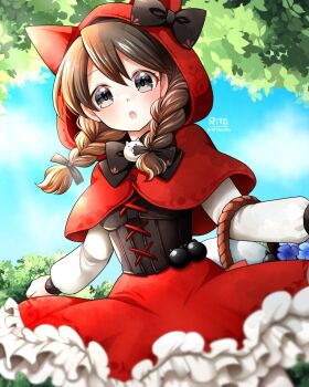  1girl :o animal_ear_hood artist_name basket black_bow black_eyes blue_sky bow braid cat_ornament commentary_request cowboy_shot day fake_animal_ears highres hood hood_up long_hair long_sleeves looking_at_viewer minya_(nyanko_daisensou) nyanko_daisensou open_mouth outdoors red_hood signature sky solo tree twin_braids twitter_username xritoxhx 