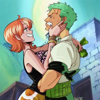  1boy 1girl artist_name bandana_around_arm bangle banknote bare_shoulders black_tank_top blurry blurry_background bracelet breast_press breasts commentary english_commentary from_side green_hair grin hand_on_another's_cheek hand_on_another's_face hand_on_another's_shoulder haramaki highres holding holding_money jewelry large_breasts log_pose looking_at_another money nami_(one_piece) official_alternate_costume one_piece orange_hair orange_skirt profile rolo's_art roronoa_zoro shirt short_hair skirt smile sweatdrop tank_top upper_body white_shirt 