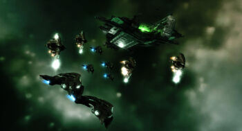  3d amarr_empire_(eve_online) blurry blurry_background capital_ship_(eve_online) carrier carrier_(eve_online) combat_ship_(eve_online) commentary creodron_(eve_online) english_commentary eve_online federation_navy_(eve_online) fleet flying gallente_federation_(eve_online) glowing green_theme heavy_fighter_(eve_online) highres military_vehicle no_humans outdoors realistic science_fiction spacecraft starfighter support_ship_(eve_online) thanatos_(eve_online) vankaiser 