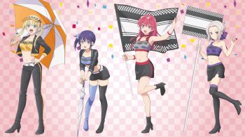  4girls absurdres artist_request bare_legs bare_shoulders belt bent_over black_jacket black_legwear black_pants blonde_hair blue_eyes blue_hair blue_legwear blush boots bracelet checkered_clothes checkered_hat flag green_eyes hand_up hat high_heels highres holding hoshizaki_rika_(kanojo_mo_kanojo) jacket jewelry kanojo_mo_kanojo kiryuu_shino midriff minase_nagisa multiple_girls navel official_art open_mouth pants parasol purple_eyes race_queen red_eyes red_hair ribbon saki_saki_(kanojo_mo_kanojo) shorts side_ponytail silver_hair skirt smile sunglasses thigh_boots thighhighs twintails umbrella white_belt 