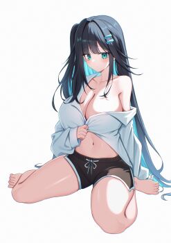  1girl abigail_(black_survival) absurdres alternate_costume aqua_hair arm_behind_back barefoot black_hair black_shorts black_survival blush breasts cleavage closed_mouth collarbone colored_inner_hair commentary eternal_return:_black_survival full_body green_eyes hair_ornament hairclip highres huge_breasts jacket jacket_partially_removed jinggun legs long_hair long_sleeves looking_at_viewer multicolored_hair multicolored_shorts navel no_bra open_clothes open_jacket parallel_hairclips shorts simple_background single_bare_shoulder sitting solo two-tone_hair two-tone_shorts wariza white_background white_shorts 