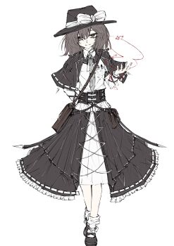  1girl absurdres adapted_costume aizettonagi arm_behind_back bag black_capelet black_hat black_shoes black_skirt bow breast_pocket brown_bag brown_eyes brown_hair capelet closed_mouth clothing_request collared_shirt commentary frilled_skirt frills grey_necktie hat hat_bow highres long_sleeves magical_astronomy medium_hair necktie object_in_pocket pen_in_pocket pocket ribbon-trimmed_capelet ribbon-trimmed_skirt ribbon_trim shirt shoes shoulder_bag simple_background skirt socks solo standing touhou usami_renko white_background white_bow white_shirt white_skirt white_socks 