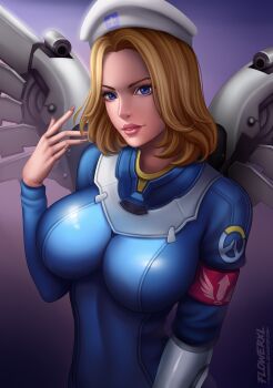  1girl abstract_background absurdres artist_logo artist_name blizzard_(company) blonde_hair blue_eyes breasts brown_lips brown_nails combat_medic_ziegler deviantart_username female_focus flowerxl hat highres large_breasts logo looking_at_viewer medical mercy mercy_(overwatch) nurse_cap overwatch overwatch_2 pale_skin short_hair simple_background solo swiss 