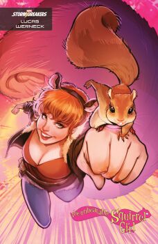  1girl :d absurdres animal_ear_hairband animal_ears artist_name body_freckles breast_freckles breasts brown_hairband brown_jacket buck_teeth character_name cleavage clenched_hand comic_cover company_name copyright_logo copyright_name cover cover_page english_text fake_animal_ears freckles fur-trimmed_jacket fur-trimmed_leotard fur_trim hairband highres jacket leotard logo looking_at_viewer lukas_werneck marvel medium_breasts official_art open_mouth orange_background orange_eyes orange_hair orange_leotard pantyhose pink_background purple_pantyhose raised_fist short_hair smile squirrel squirrel_ears squirrel_girl_(marvel) squirrel_tail superhero_costume tail teeth tippy-toe western_comics_(style) 