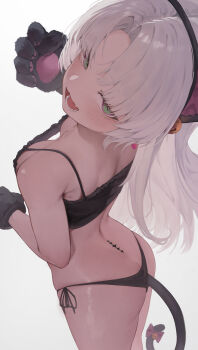 1girl absurdres anal_beads anal_tail animal_ear_hairband animal_ears animal_hands bikini black_bikini blush breasts butt_plug carlotta_(wuthering_waves) cat_ear_hairband cat_ears cat_paws cat_tail downblouse fake_animal_ears fake_tail fang from_above gloves green_eyes grey_hair hairband highres long_hair looking_at_viewer open_mouth parted_bangs paw_gloves skin_fang small_breasts smile solo string_bikini swimsuit tacet_mark_(wuthering_waves) tail wuthering_waves xaea_xp rating:Questionable score:210 user:danbooru