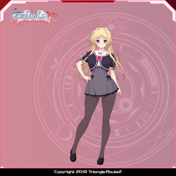  1girl arm_at_side black_bow black_pantyhose black_ribbon blonde_hair blue_eyes blush border bow bowtie breasts character_name character_profile closed_mouth company_name contrapposto copyright_name cropped_jacket erika_la_etienne frilled_skirt frills full_body grey_skirt hair_intakes hand_on_own_hip heel_up high-waist_skirt jacket kourin_tenshi_en_ciel_rena large_breasts loafers logo long_hair looking_at_viewer miniskirt official_art pantyhose pink_background pink_bow pink_bowtie pleated_skirt puffy_short_sleeves puffy_sleeves red_background ribbon roman_numeral saitou_natsuki school_uniform shirt shoes short_sleeves sidelocks skirt smile solo standing suhamaya very_long_hair white_shirt yurigaoka_girls_academy_school_uniform 