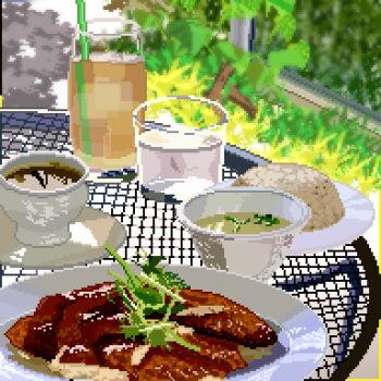  commentary_request cup drinking_glass drinking_straw food food_focus highres kroizzz no_humans original pixel_art plant plate soup still_life table tea water 