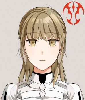  1girl brown_eyes brown_hair command_spell commentary_request cosplay earrings ears_visible_through_hair expressionless fate/grand_order fate_(series) frown fujimaru_ritsuka_(female) fujimaru_ritsuka_(female)_(cosplay) fujimaru_ritsuka_(female)_(decisive_battle_chaldea_uniform) half_updo highres jewelry loose_hair_strand original portrait shibakou solo stud_earrings 