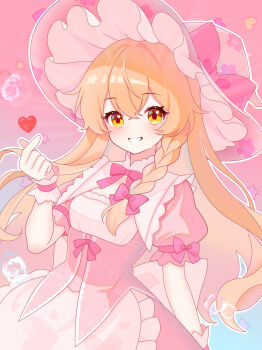  1girl absurdres alternate_color apron arm_cuffs blonde_hair bow braid cherry_blossom_print finger_heart floral_print hat hat_bow heart heart_print highres kirisame_marisa pink_background pink_bow pink_hat pink_ribbon pink_shirt pink_skirt puffy_short_sleeves puffy_sleeves qing_zhanglao ribbon shirt short_sleeves side_braid skirt solo star_(symbol) star_print touhou white_apron witch_hat yellow_eyes 