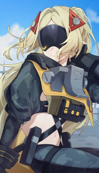  1girl ammunition_pouch arm_up black_gloves black_pants black_shrug blindfold_mask blonde_hair blue_sky camouflage camouflage_jacket camouflage_pants chawarabi closed_mouth cloud commentary_request covered_eyes fingerless_gloves gloves glowing_mask gun hair_intakes hair_ornament hand_in_own_hair handgun highres jacket latex_pants long_hair mask navel outdoors pants ponytail pouch shrug_(clothing) sitting sky smile solo tight_clothes tight_pants triangle_hair_ornament trigger_(zenless_zone_zero) weapon zenless_zone_zero 