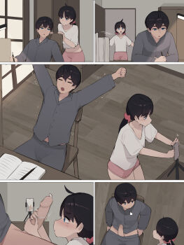  1boy 1girl black_hair black_pajamas blue_eyes book brother_and_sister censored closed_eyes handjob hetero highres incest indoors medium_hair mosaic_censoring open_mouth original pajamas penis pepper0 short_hair siblings stretching twintails yawning  rating:Explicit score:219 user:danbooru