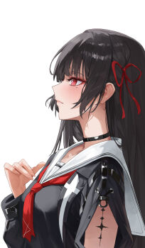  1girl absurdres black_hair black_jacket black_shirt breasts chisa_(wuthering_waves) choker closed_mouth commentary fingernails from_side hair_ribbon hand_up highres hikimori_1 jacket long_hair medium_breasts mole mole_under_eye neckerchief profile red_eyes red_neckerchief red_ribbon ribbon sailor_collar shirt simple_background solo tacet_mark_(wuthering_waves) upper_body white_background white_sailor_collar wuthering_waves 
