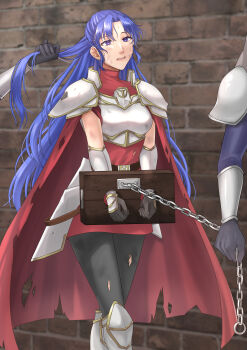 1girl 2boys absurdres armor black_gloves black_pantyhose blue_hair breastplate breasts brick_wall cape chain commentary_request commission feet_out_of_frame gloves grabbing_another's_hair hazuki_(nyorosuke) highres holding_another's_hair larentia_(tear_ring_saga) long_hair medium_breasts multiple_boys pantyhose purple_eyes shoulder_armor skeb_commission solo_focus stocks tear_ring_saga tear_ring_saga_series:_berwick_saga torn_cape torn_clothes torn_pantyhose walking