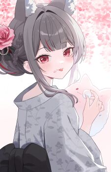  1girl absurdres animal_ears cat_ears cherry closed_mouth commentary_request como_szsz double-parted_bangs fingernails flower food food_on_face from_behind fruit grey_hair hair_bun hair_intakes hair_ornament highres holding holding_food japanese_clothes kanzashi kimono korean_commentary long_sleeves looking_at_viewer looking_back maro_(neneko_mashiro) marshmallow multicolored_hair neneko_mashiro pink_eyes pink_flower pink_rose print_kimono rose simple_background single_hair_bun solo stellive streaked_hair tongue tongue_out turning_head upper_body virtual_youtuber white_background 