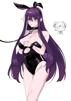  1girl :o black_leotard blush breasts chibi chibi_inset cleavage collar commentary contrapposto cuffs doki_doki_literature_club hair_between_eyes handcuffs hands_up highres leash leotard long_hair long_sidelocks natsuki_(doki_doki_literature_club) out_of_frame purple_eyes purple_hair rabbit_ear_headwear revealing_clothes scar scar_on_arm self-harm sidelocks tyaaaaaaba untranslatable_commentary wrist_cutting yuri_(doki_doki_literature_club) 