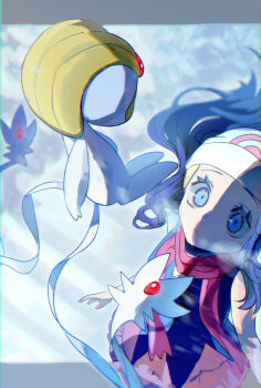  1girl absurdres beanie black_hair black_shirt blue_eyes breath commentary_request dawn_(pokemon) day eyelashes floating_hair gen_4_pokemon godouyu_(neisukun) hat highres legendary_pokemon long_hair looking_up nintendo outdoors pink_skirt pokemon pokemon_(creature) pokemon_dppt scarf shirt skirt sleeveless sleeveless_shirt uxie white_hat 