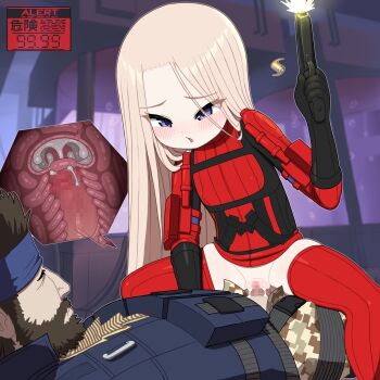  1boy 1girl assertive_female blonde_hair blue_eyes blush bottomless censored cowgirl_position cromachina cum cum_in_pussy ejaculation female_pervert femdom gloves gun handgun loli metal_gear_(series) metal_gear_acid metal_gear_acid_2 mosaic_censoring penis pervert pussy rape role_reversal sex size_difference sleeping spread_legs squatting straddling thighhighs vaginal venus_(mga) weapon x-ray 
