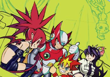 2boys 2girls blonde_hair blue_eyes breasts capcom crossover demon_girl demon_tail demon_wings disgaea etna_(disgaea) filia_(skullgirls) gloves hand_on_own_hip highres kakeru_(saru_getchu) large_breasts legs long_hair looking_at_viewer medium_hair mega_man_x_(series) midriff multiple_boys multiple_girls necktie pointy_hair purple_hair red_eyes red_hair saru_getchu sitting skirt skullgirls smile sony tail thighs thumbs_up twintails wings zero_(mega_man) 