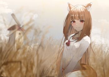  1girl absurdres animal_ear_fluff animal_ears araca_ra closed_mouth commentary commission dress english_commentary grey_sky highres holo long_hair looking_at_viewer money_bag outdoors own_hands_together red_eyes sidelocks skeb_commission sky smile solo spice_and_wolf tail v_arms wheat_field white_dress windmill wolf_ears wolf_girl wolf_tail 