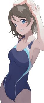  1girl armpits arms_up blue_eyes blue_one-piece_swimsuit breasts brown_hair competition_swimsuit covered_navel highres hiroki_(yyqw7151) looking_at_viewer love_live! love_live!_sunshine!! medium_breasts one-piece_swimsuit short_hair simple_background smile solo swimsuit watanabe_you white_background  rating:Sensitive score:37 user:danbooru