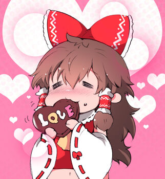  1girl ascot blush bow brown_hair candy chocolate chocolate_heart closed_eyes commentary_request detached_sleeves eating facing_viewer food frilled_bow frilled_hair_tubes frills hair_bow hair_tubes hakurei_reimu heart heart-shaped_food holding holding_food ichizen_(o_tori) long_hair midriff navel one-hour_drawing_challenge pink_background red_bow ribbon-trimmed_sleeves ribbon_trim solo touhou valentine yellow_ascot 