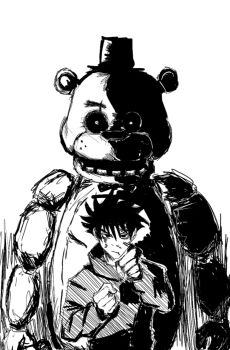  2boys animal_ears animal_nose bear_ears behind_another commentary crossover english_commentary five_nights_at_freddy's freddy_fazbear front-to-back fushiguro_megumi greyscale hat high_collar humanoid_robot jacket jujutsu_kaisen jujutsu_tech_uniform long_sleeves looking_at_viewer male_focus monochrome multiple_boys partially_shaded_face robot schonv short_hair simple_background spiked_hair standing summoning top_hat white_background 