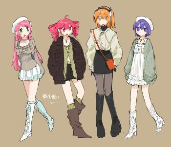 4girls a.i._voice adachi_rei ahoge alternate_costume arms_behind_back artist_name bag beret black_hairband black_skirt boots brown_background brown_jacket brown_sweater cardigan choker cowboy_boots dress drill_hair fashion fishnet_pantyhose fishnets full_body green_cardigan green_eyes grey_pantyhose hair_ribbon hairband hands_in_pockets hat high_heel_boots high_heels highres jacket jewelry jirai_kei kasane_teto knee_boots lineup long_hair long_sleeves medium_hair miniskirt momone_momo multiple_girls necklace niwani_(niw_a2) one_side_up open_cardigan open_clothes open_jacket orange_eyes orange_hair pantyhose pencil_skirt pink_hair purple_eyes purple_hair red_eyes red_hair ribbed_jacket ribbed_sweater ribbon shirt short_dress short_hair shoulder_bag simple_background skirt sweater translation_request turtleneck turtleneck_shirt twin_drills utane_uta utau white_boots white_dress white_hat white_pantyhose white_ribbon white_shirt white_skirt