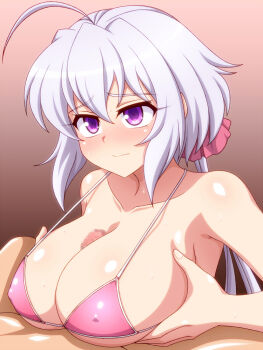  1girl bikini bikini_top_only breasts closed_mouth covered_erect_nipples grabbing_another's_breast groping large_breasts paizuri penis ponytail purple_eyes scrunchie senki_zesshou_symphogear solo swimsuit white_hair yukine_chris ztmztm 