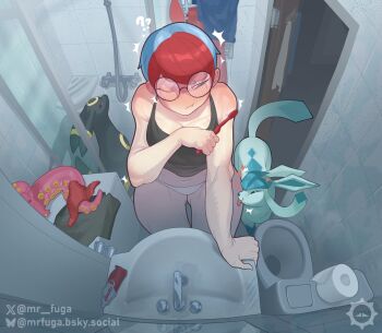 1girl 3others artist_name bathroom bluesky_username blush gen_2_pokemon gen_4_pokemon glaceon glaring glasses heart highres indoors licking licking_thigh mrfuga multiple_others navel nintendo octillery panties penny_(pokemon) pokemon pokemon_(creature) pokemon_sv red_hair short_hair sink tank_top tentacles toilet toilet_paper toothbrush toothpaste twitter_username umbreon underwear white_panties 