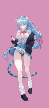  1girl ahoge blue_eyes cat_girl cat_tail cellphone highres indie_virtual_youtuber looking_at_viewer off_shoulder panties phone pleated_skirt ponytail rishe_(reeeeshe) shirt simple_background skirt smartphone tail underwear virtual_youtuber 