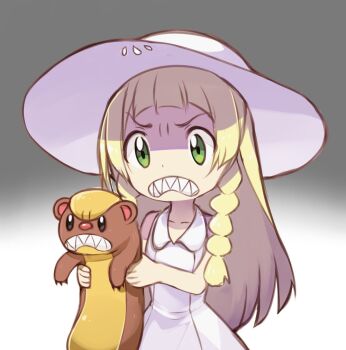  1girl angry blonde_hair clenched_teeth copying dress frown gen_7_pokemon green_eyes hat holding imitating lillie_(pokemon) long_hair nintendo pokemon pokemon_(creature) pokemon_sm scowl sharp_teeth simple_background sukemyon sun_hat sundress teeth white_hat yungoos  rating:Sensitive score:26 user:danbooru