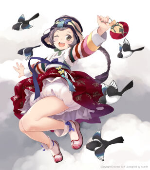  1girl beoseon bird bloomers braid brown_eyes brown_hair comet_(teamon) danghye female_focus hat jobawi kaku-san-sei_million_arthur korean_clothes long_hair maedeup million_arthur_(series) one_eye_closed open_mouth original single_braid smile solo underwear 