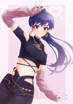 1girl absurdres belly_chain black_nails black_pants black_tank_top commentary crop_top detached_sleeves earrings fingerless_gloves gloves heart highres hoop_earrings idolmaster idolmaster_(classic) jewelry kisaragi_chihaya long_hair looking_at_viewer midriff nail_polish navel pants pink_background ponytail purple_hair ring solo tank_top yuki_(comingsmile)
