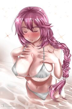  1girl absurdres artist_name bikini blush bob_cut braid breasts cleavage closed_eyes closed_mouth collarbone commentary double-parted_bangs eiyuu_densetsu emma_millstein english_commentary floating_hair hair_between_eyes hajimari_no_kiseki highres large_breasts long_hair micro_bikini navel partially_submerged pink_hair single_braid smile solo sparkle_background stomach swimsuit upper_body vanillahare very_long_hair wading water white_bikini 