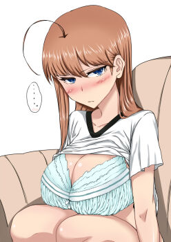  ... 1girl ahoge annoyed blue_eyes blush breasts brown_hair cleavage clothes_lift female_focus highres huge_breasts long_hair maru_(maruttona) minoru_oba original shirt_lift solo 