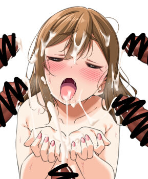  1girl 5boys after_ejaculation bar_censor blush brown_hair bukkake censored closed_eyes collarbone completely_nude cum cum_in_mouth cum_on_body cum_on_hair cum_on_hands cum_on_tongue cupping_hands facial highres kunikida_hanamaru long_hair love_live! love_live!_sunshine!! multiple_boys nude open_mouth own_hands_together penis pink_nails saliva sweat tongue tongue_out white_background yopparai_oni 