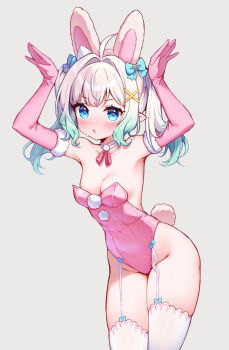  1girl ahoge animal_ears armpits bare_hips blue_eyes blush bow breasts cleavage commentary densetsu.exe elbow_gloves english_commentary gloves gradient_hair green_hair hair_bow hair_ornament heart heart-shaped_pupils highres hip_focus leotard looking_at_viewer mint_fantome moorina multicolored_hair open_mouth pink_gloves pink_leotard playboy_bunny pointy_ears rabbit_ears short_hair small_breasts solo symbol-shaped_pupils thighhighs thighs twintails virtual_youtuber white_background white_hair x_hair_ornament 