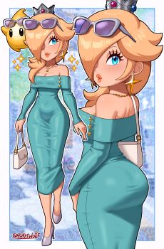  1girl 1other absurdres ass bag blonde_hair blue_dress blue_eyes breasts casual cleavage commentary crown dress earrings english_commentary eyewear_on_head floating hair_over_one_eye handbag high_heels highres huge_ass jewelry large_breasts looking_at_viewer luma_(mario) mario_(series) mini_crown necklace nintendo off-shoulder_dress off_shoulder parted_lips rosalina sarukaiwolf smile star_(symbol) star_earrings strapless strapless_dress sunglasses super_mario_galaxy thick_lips tight_clothes tight_dress white-framed_eyewear 