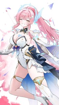  1girl absurdres aemeath_(wuthering_waves) ahoge asymmetrical_legwear bare_shoulders black_bow black_bowtie bow bowtie breasts cleavage commentary east_(east_0o0) foot_out_of_frame glitch hair_ornament high_heels highres holding large_breasts leotard long_hair looking_at_viewer one_eye_closed orange_eyes pink_hair ponytail showgirl_skirt skirt smile solo star-shaped_pupils star_(symbol) strapless strapless_leotard symbol-shaped_pupils tacet_mark_(wuthering_waves) thighs uneven_legwear white_leotard white_skirt wuthering_waves 