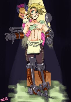  1girl 1guy absurdres blonde_hair cyborg dark_background freckled gloves hat highres horns imminent_handjob latex latex_gloves leduc_(skullgirls) nrhp183 nurse nurse_cap patty_(skullgirls) skullgirls tagme 