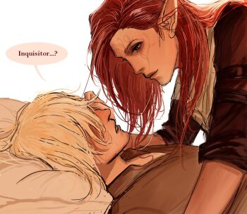  1boy 1girl assertive_female blonde_hair cole_(dragon_age) cyq_kk dragon_age dragon_age:_inquisition elf english_text facial_tattoo hair_over_eyes hetero highres inquisitor_(dragon_age) long_hair looking_at_another lying on_back pinned pointy_ears red_hair short_hair speech_bubble tattoo white_background 